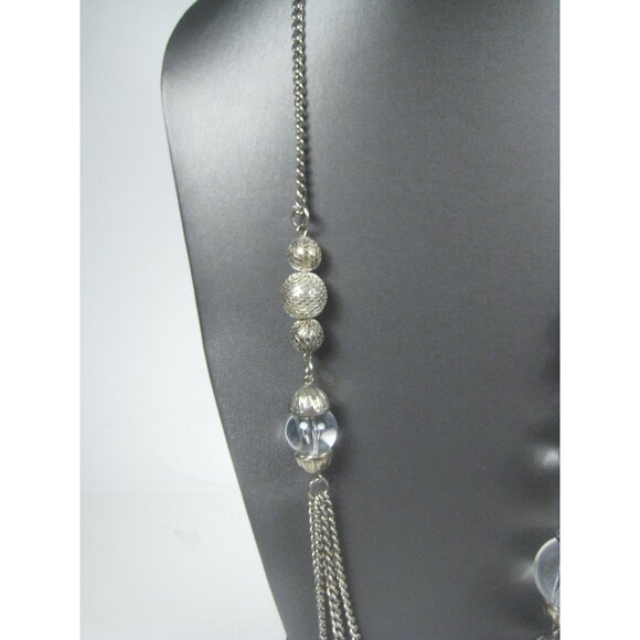Silvertone Multi Strand Chain Necklace Clear Lucite Beads Mesh Spheres 33 inch - Picture 8 of 11